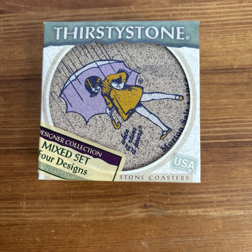 Thirstystone Morton Salt Stone Coasters Set of 4 Designer Collection W Box USA